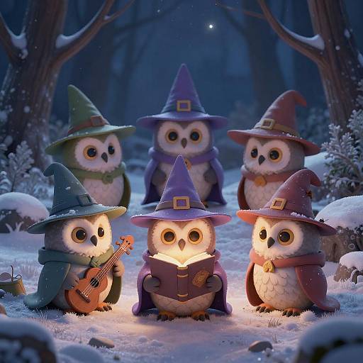 Whimsical Owls as Wizards in Snowy Forest