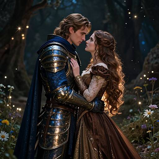 Photorealistic fantasy portrait of a handsome armored man and a beautiful woman with long brown hair, standing intimately in a magical forest, surrounded by twinkling