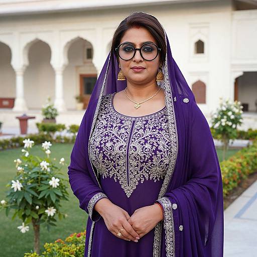 Photograph of a South Asian woman with dark skin, black glasses, wearing a purple embroidered salwar kameez, gold jewelry, and a matching