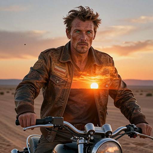 Photograph of a rugged, bearded man with messy brown hair, wearing a brown leather jacket, riding a motorcycle at sunset in a desert, with