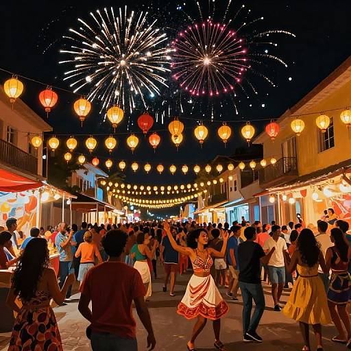 Nighttime street festival with vibrant fireworks, string lights, and dancing crowd in colorful summer clothes, illuminated by red lanterns.