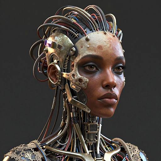 CGI image of a cybernetic woman with dark skin, intricate metallic headgear, and exposed wires, set against a dark background.