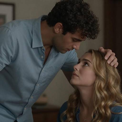Photograph of a curly-haired man in a blue shirt gently touching the forehead of a blonde woman with wavy hair, looking up at him intently