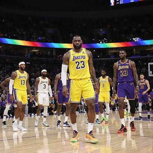 Photograph of Los Angeles Lakers basketball team on court, LeBron James in yellow jersey, #7, leading group, colorful arena lights background, teammates in