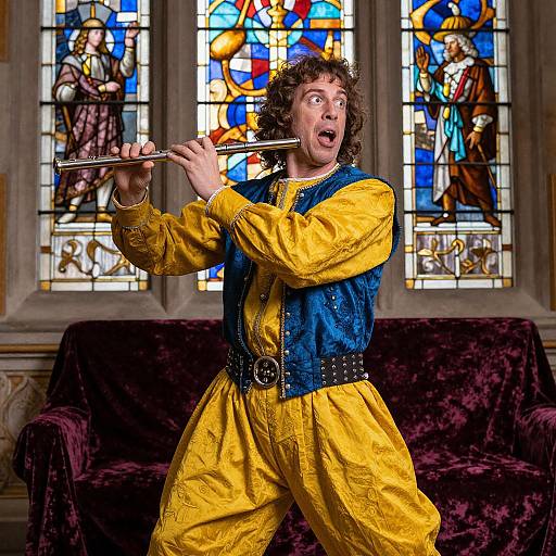 Photograph of a curly-haired man in vibrant yellow and blue Renaissance attire, playing a flute with an expressive, open-mouthed smile, standing before a
