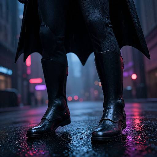 Photograph of a person's black leather boots and pants on a wet, neon-lit city street at night, with vibrant blue and pink reflections on