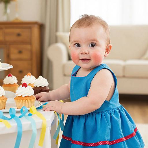Photograph of a smiling baby with fair skin and light brown hair, wearing a blue dress with red trim, reaching for cupcakes with white frosting and colorful