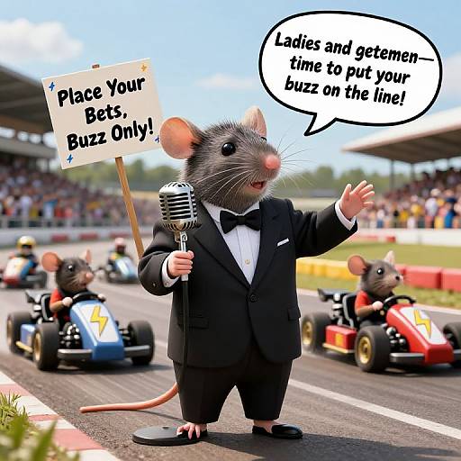 CGI image of anthropomorphic mouse in black tuxedo, bowtie, holding sign and microphone, standing on racetrack with karts,