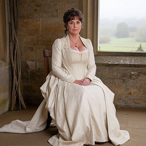 Photograph of a middle-aged woman with short dark hair, wearing an elegant white embroidered gown, seated on a wooden chair in a rustic, sunlit