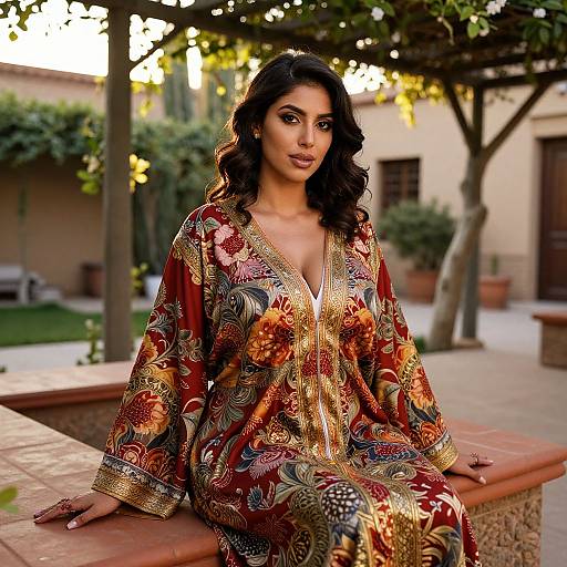 Photograph of a beautiful South Asian woman with dark curly hair, wearing an ornate red and gold floral robe, seated on a stone ledge in a