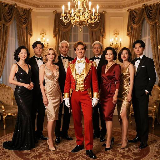 Elegant Group in Formal Attire and Theatrical Costume