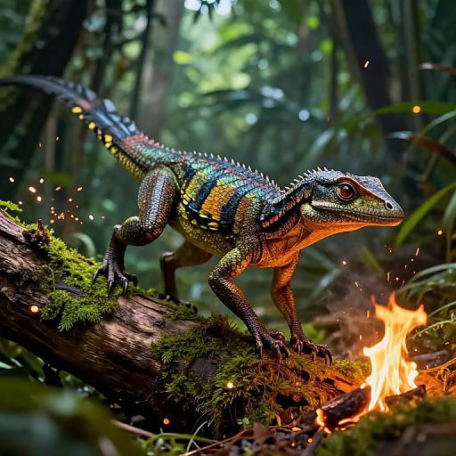 Photorealistic digital artwork of a colorful, iridescent iguana with glowing scales standing on a mossy log near a small forest fire,