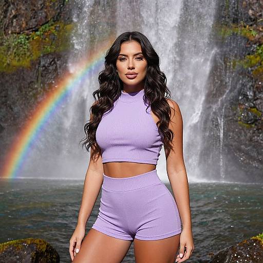 Photograph of a curvy woman with long black hair, wearing a lavender sports bra and shorts, standing in front of a waterfall with a rainbow,