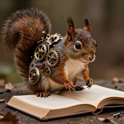 Photograph of a brown squirrel with mechanical gears on its back, standing on an open book, in a blurred outdoor setting.