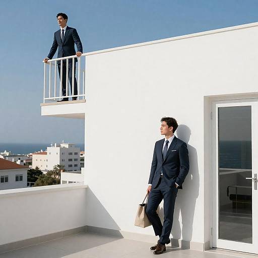 Men in Suits on Sunny Rooftop Terrace