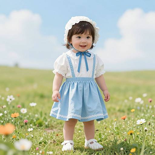 Photograph of a smiling toddler in a white bonnet, blue dress with white trim, and white shoes, standing in a sunny meadow with colorful