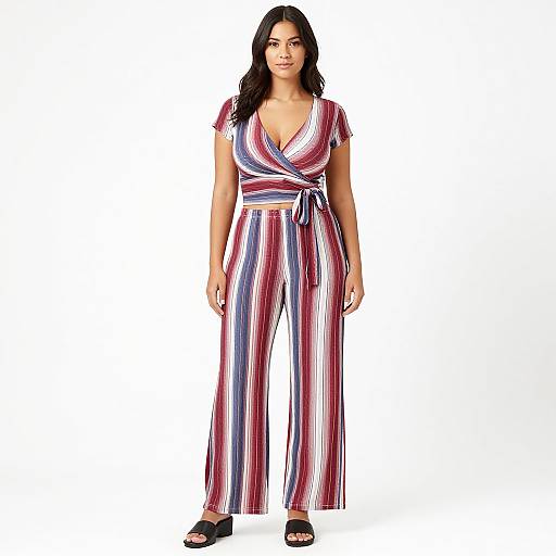 Photograph of a curvy woman with long black hair, wearing a striped red, white, and blue wrap jumpsuit with a tied waist, and