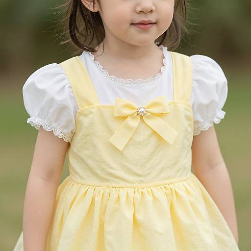 Photograph of an Asian young girl with light skin wearing a yellow dress with a white lace-trimmed puffed sleeves, and a bow at the