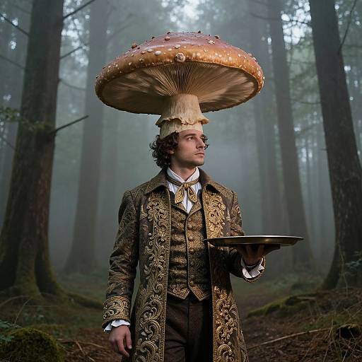 Photograph of a man with curly hair wearing a large mushroom hat and ornate 18th-century coat, holding a plate in a foggy forest