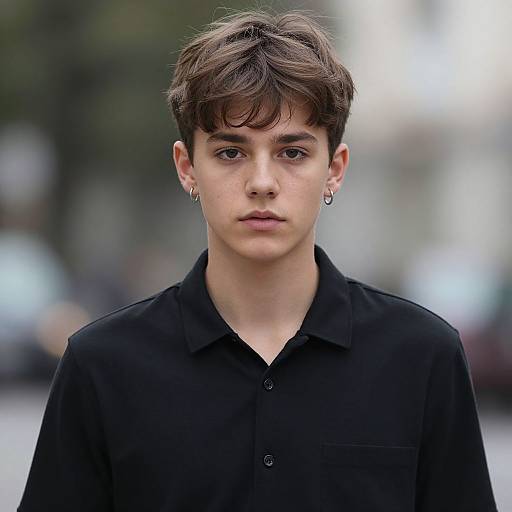 Photograph of a young, androgynous boy with messy brown hair, wearing a black button-up shirt and small hoop earrings, standing in a