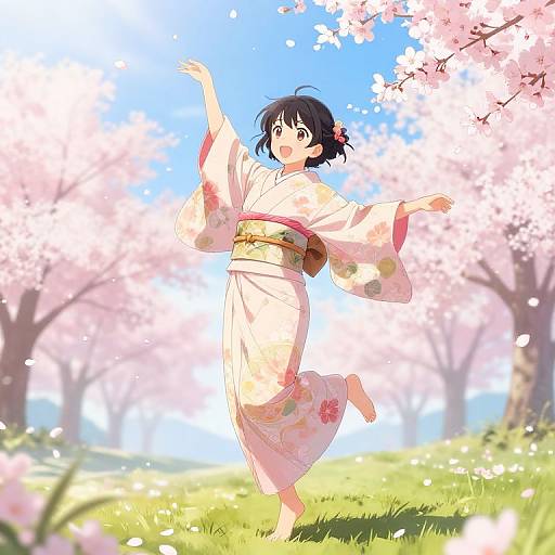Barefoot Anime Girl Dancing Cherry Blossoms