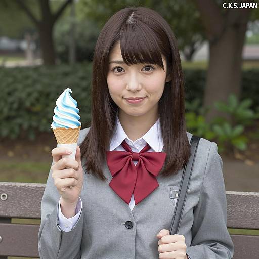 Japanese Schoolgirl Enjoying Ice Cream Outdoors