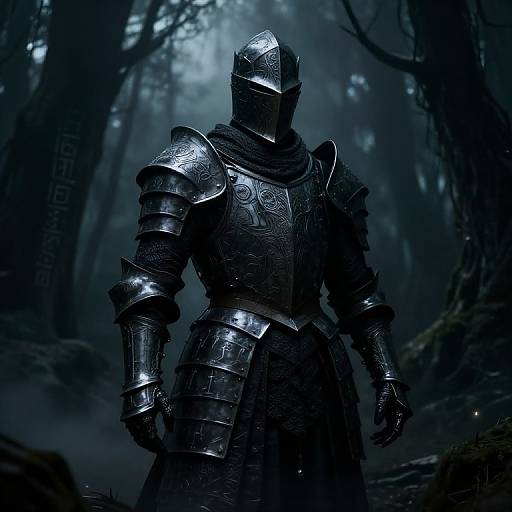 Digital art of a knight in dark, intricate, silver armor with a helmet, standing in a misty, moonlit forest.