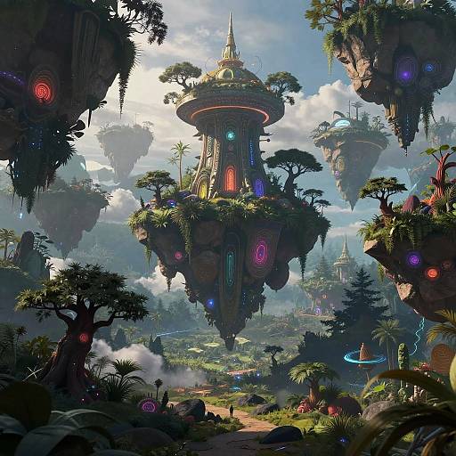 Fantasy digital artwork of a vibrant, floating, tree-covered city with colorful glowing orbs, surrounded by lush, misty landscape and floating structures.