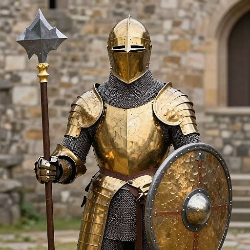 Photorealistic digital rendering of a gold-armored knight with a spear and shield, standing in front of a stone castle.