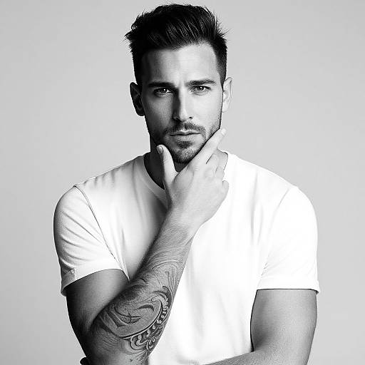 Black and white photograph of a handsome, tattooed man with short, styled hair, wearing a white t-shirt, touching his chin, intense gaze,