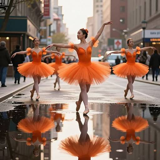 Vibrant Dancers Crossing Reflective Puddle