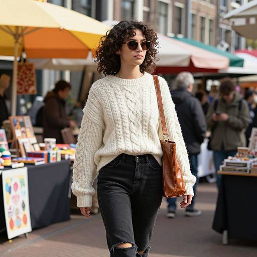 Photograph of a curly-haired woman with sunglasses, wearing a white knitted sweater and black ripped jeans, walking in a busy outdoor market with colorful umb