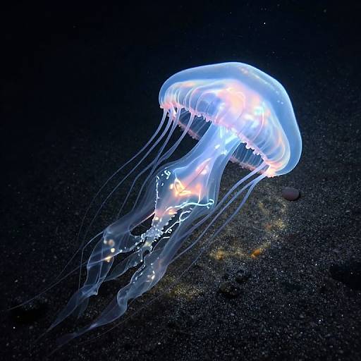 Photograph of a glowing, translucent jellyfish with long, flowing tentacles, illuminated from within, floating against a dark, textured ocean background.