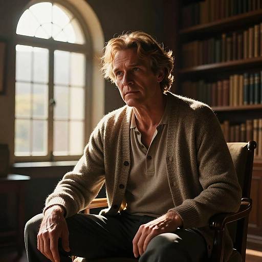 Photograph of a middle-aged man with wavy blonde hair, wearing a beige cardigan over a white polo, sitting in a dimly lit library