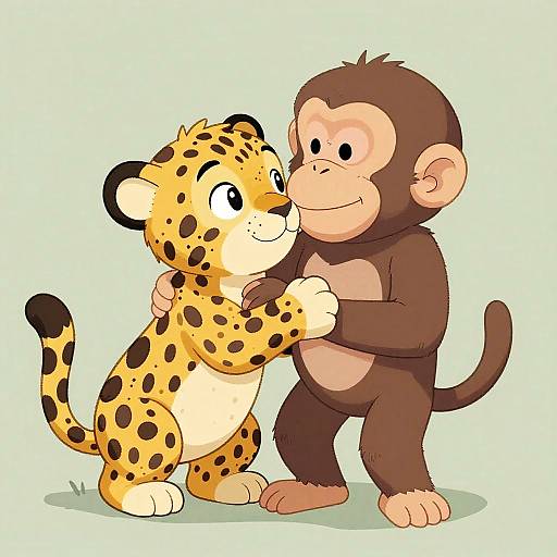 Cartoon-style drawing of a cute cheetah and monkey hugging, with the cheetah's yellow spots and brown fur, and the monkey