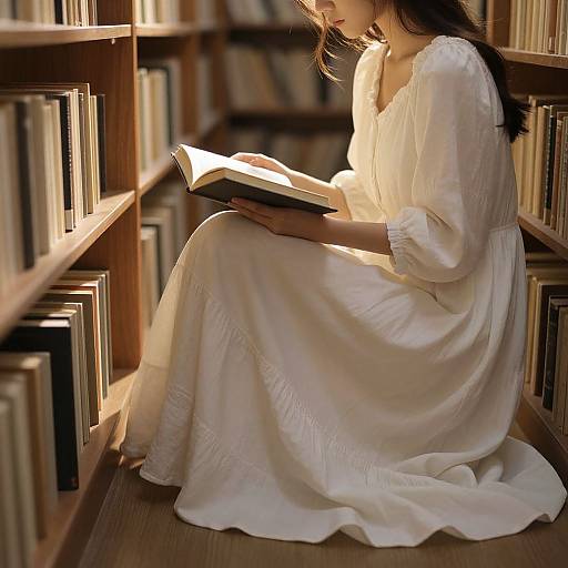 Photograph of a woman in a white, long-sleeved, flowing dress, sitting on the floor of a sunlit library, reading a book