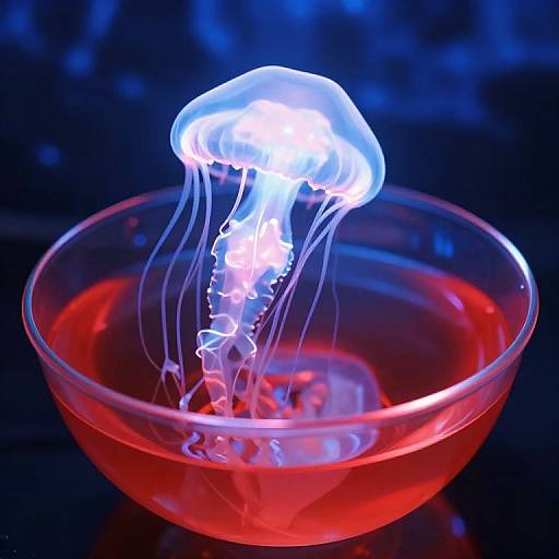 Photograph of a glowing blue jellyfish with translucent tentacles floating in a glass bowl filled with red liquid, against a dark blue background.