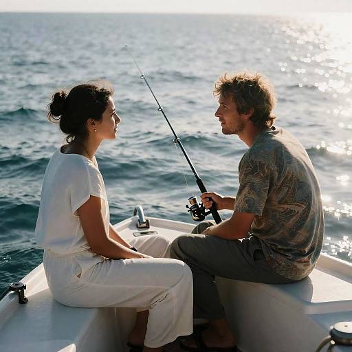 Photograph of a couple fishing on a small boat, with the woman in white and the man in a patterned shirt, facing each other over calm