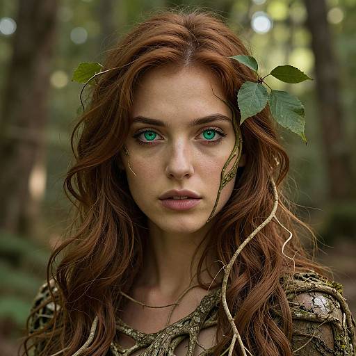 Photograph of a fair-skinned, green-eyed young woman with long, wavy auburn hair adorned with leaves and vines, wearing a moss