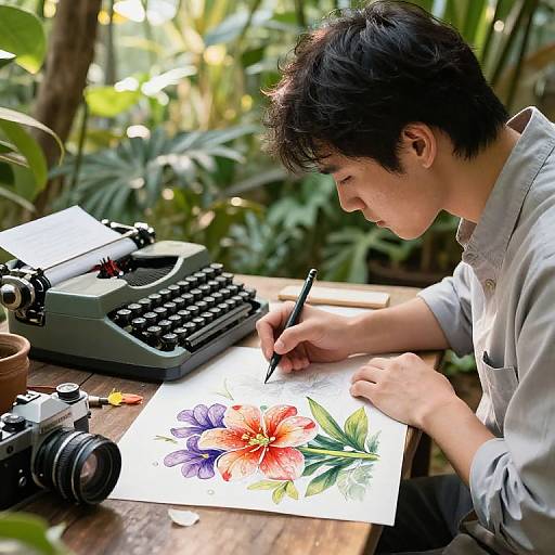 Botanist Sketching Exotic Flowers