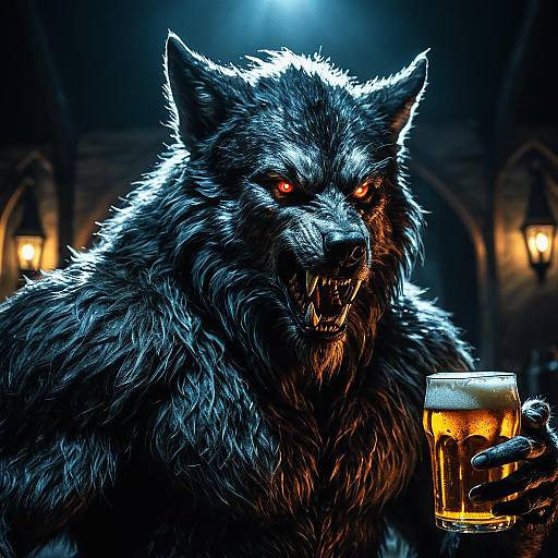 Dark Werewolf Holding Beer with Glowing Eyes