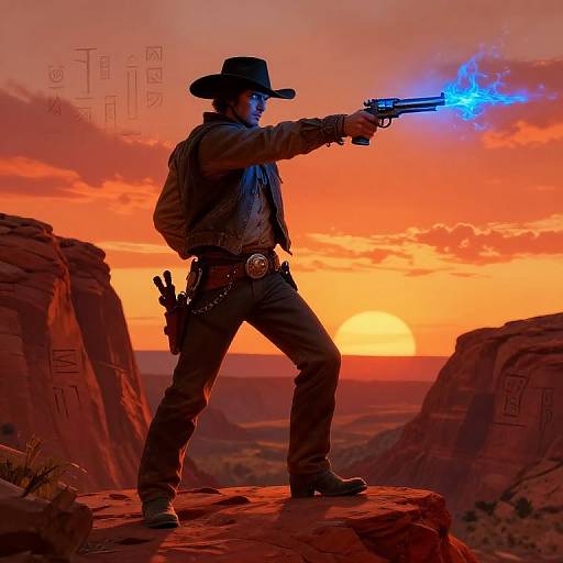 Silhouetted cowboy in black hat and leather, firing glowing blue gun against vivid orange sunset over desert cliffs. Digital artwork.