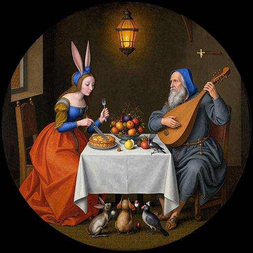 Digital painting of a bearded elderly man with a lute and a woman with bunny ears, dining by candlelight with fruit and bread. Rabbits