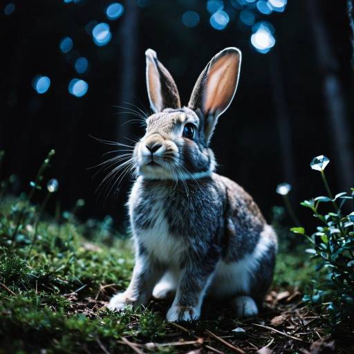 Blue-Eyed Rabbit in Woodland at Night