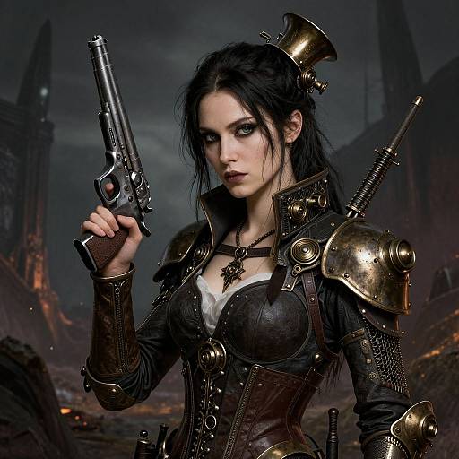 Digital art: Pale-skinned, black-haired woman with intense blue eyes, holding a silver gun, wearing steampunk armor, in a dark,