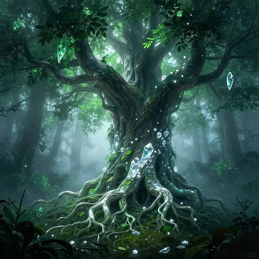 Digital fantasy artwork of a glowing, ancient tree with bioluminescent leaves and roots in a misty, enchanted forest.