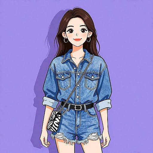 Digital anime-style drawing of a smiling woman with long brown hair, wearing a blue denim shirt and shorts, black belt, zebra-striped purse, against