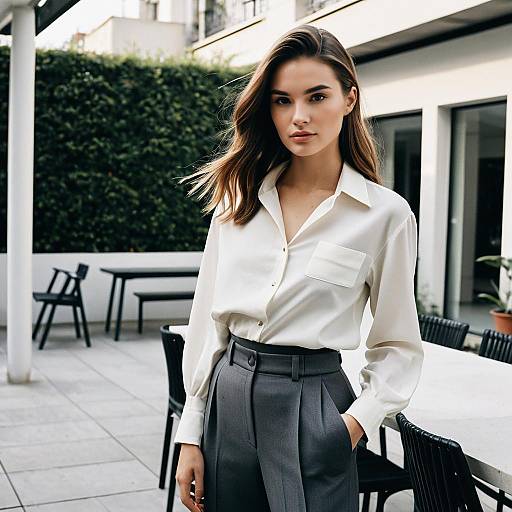 Fashion Model in Sleek Blouse and High-Waist Trousers