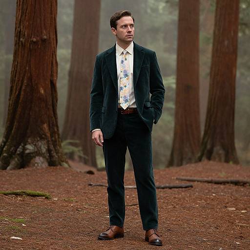 Photograph of a serious, fair-skinned man in a dark velvet blazer, white floral shirt, black pants, and brown shoes standing in a