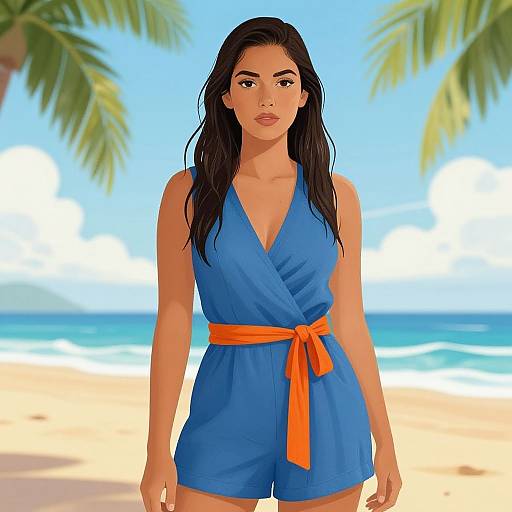 Bohemian Beach Woman in Blue Jumpsuit